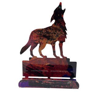 Vintage Southwestern Howling Coyote Wolf Metal Office Desk Business Card Holder